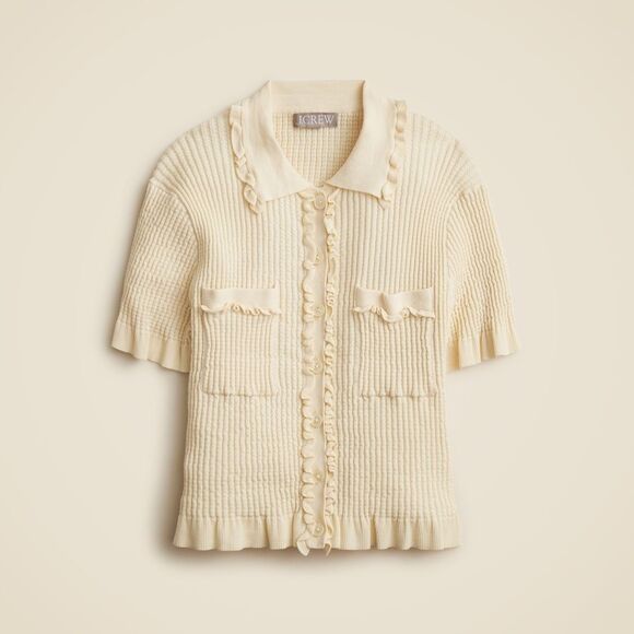 J. Crew Pointelle ruffle-trim cardigan in Warm Sesame Ecru Size M NWT CG814 - Picture 4 of 10